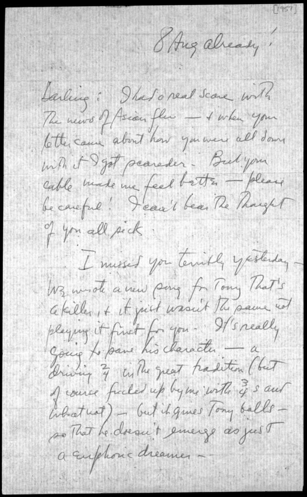 Page 1 of letter from Leonard Bernstein to Felicia Bernstein, August 8, 1957. (Credit: Library of Congress, Music Division / Used by permission from Marie Carter, VP Licensing and Publishing, The Leonard Bernstein Office, Inc.)
