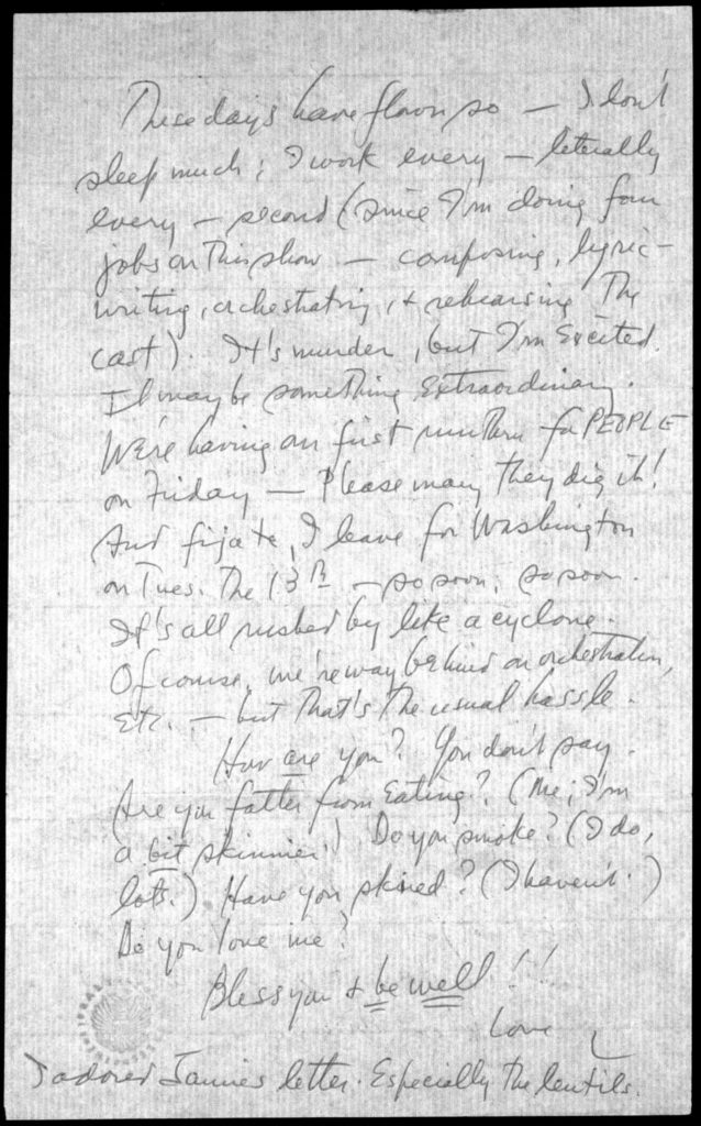 Page 2 of letter from Leonard Bernstein to Felicia Bernstein, August 8, 1957. (Credit: Library of Congress, Music Division / Used by permission from Marie Carter, VP Licensing and Publishing, The Leonard Bernstein Office, Inc.)