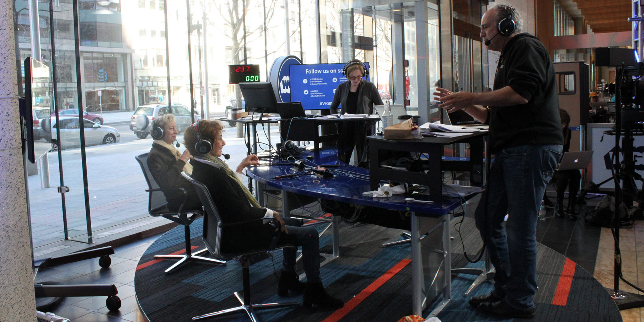 Jamie Bernstein and Nina Bernstein Simmons talk with Jim Braude and Margery Eagan on Boston Public Radio, recorded at the WGBH studio at the Boston Public Library, February 13, 2018. (Credit: Emily Balk/WGBH)