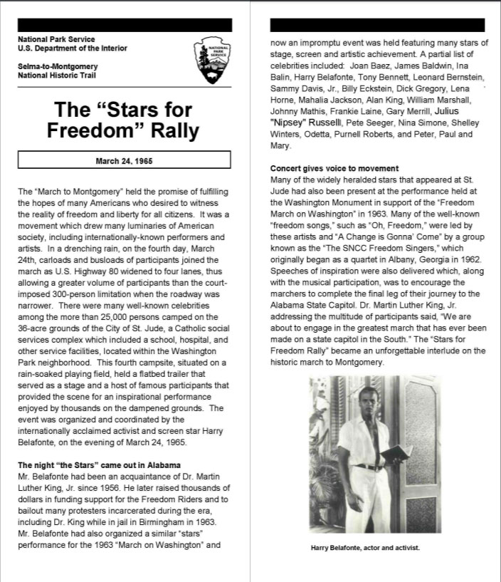 This National Park Service brochure describes the "Stars for Freedom Rally," led by Harry Belafonte.