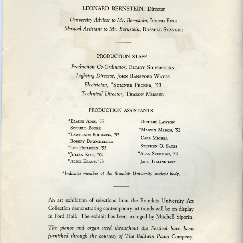 Brochure from the inaugural Festival of the Creative Arts, 1952 (pg 2). Courtesy of the Robert D. Farber University Archives & Special Collections Department, Brandeis University.
