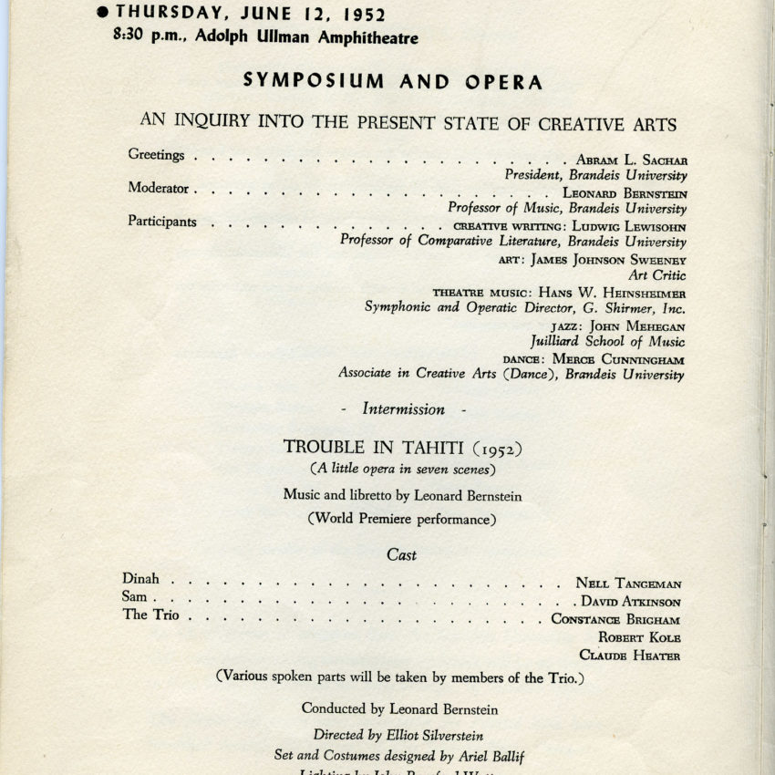Brochure from the inaugural Festival of the Creative Arts, 1952 (pg 4). Courtesy of the Robert D. Farber University Archives & Special Collections Department, Brandeis University.