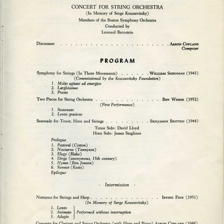 Brochure from the inaugural Festival of the Creative Arts, 1952 (pg 9). Courtesy of the Robert D. Farber University Archives & Special Collections Department, Brandeis University.