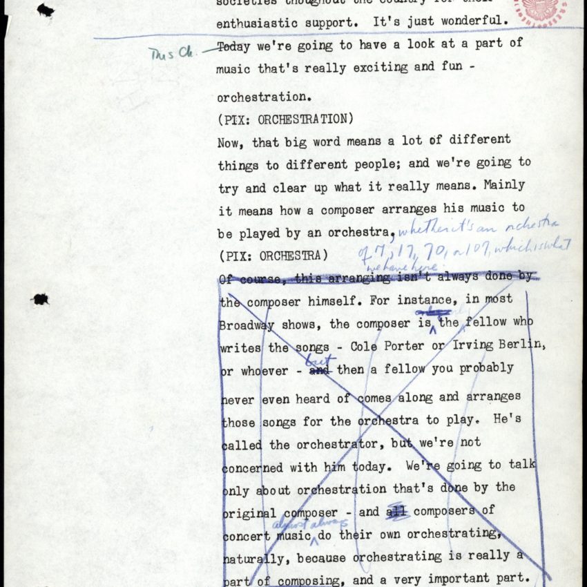 Young People's Concerts Scripts: What Does Orchestration Mean? [typescript, p2]. Credit: Library of Congress, Music Division.