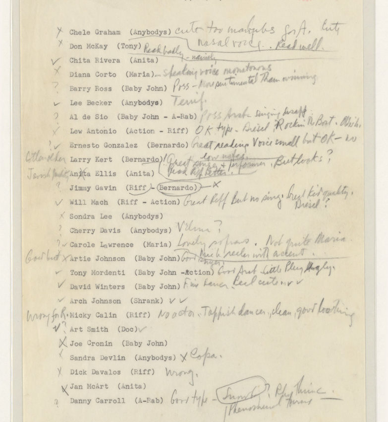 West Side Story [notes re auditions, casting, and orchestra], 1957 May. (Credit; Library of Congress, Music Division. Courtesy: The Leonard Bernstein Office, Inc.)