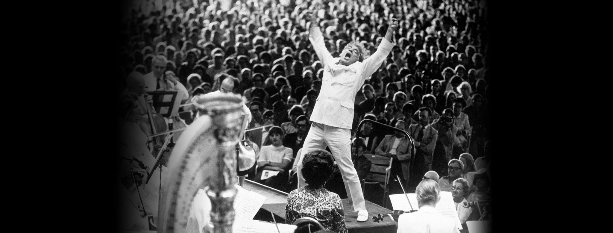 Conductor Leonard Bernstein at the climax of Mahler's Resurrection symphony performed by the Boston Symphony in Lenox, Massachusetts. July 8, 1970. (Credit: Bettmann / Getty Images)