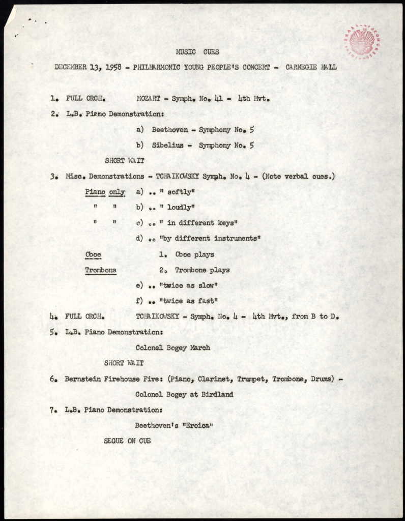 Young People's Concerts Scripts: What Makes Music Symphonic? [typescript of "Music Cues"] (Credit: Library of Congress, Music Division)