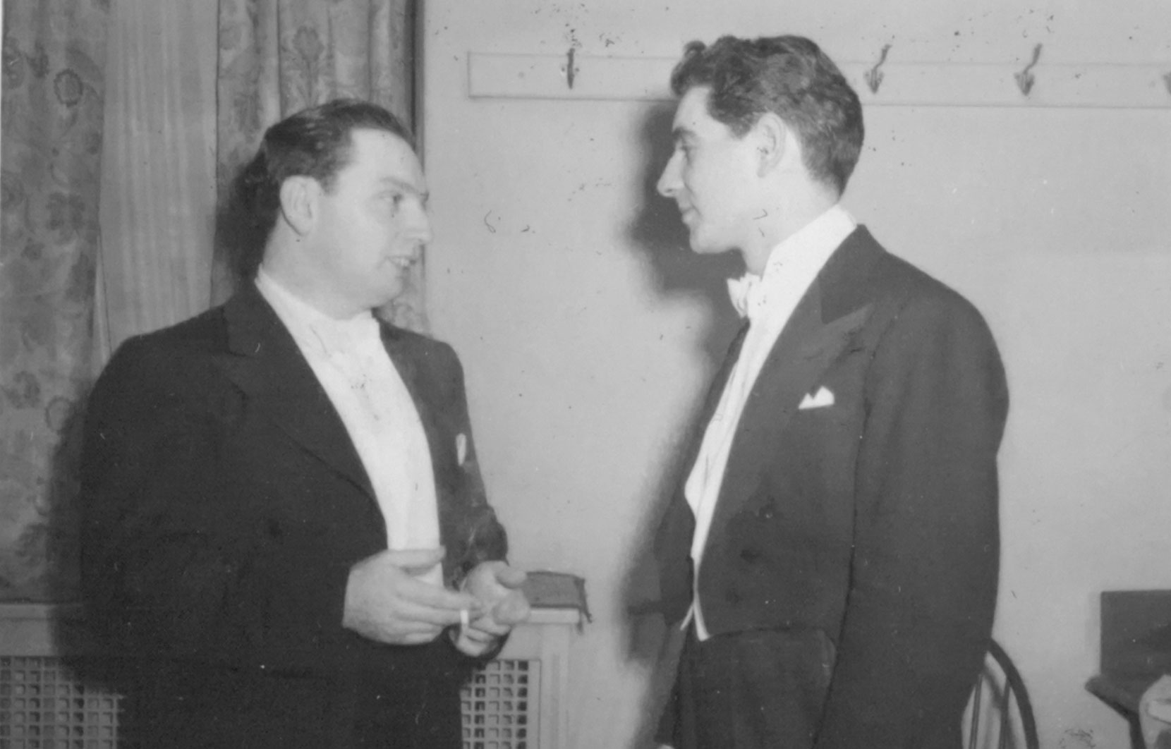 Leonard Bernstein with Isaac Stern after Rochester Philharmonic concert, February 27, 1947. (Credit: Library of Congress Music Division)