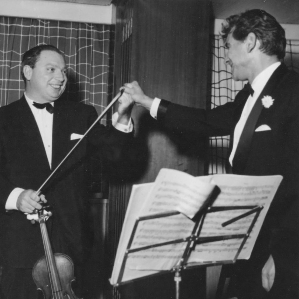Leonard Bernstein and Isaac Stern after a performance of Mozart, October 12, 1955. (Credit: Library of Congress Music Division)