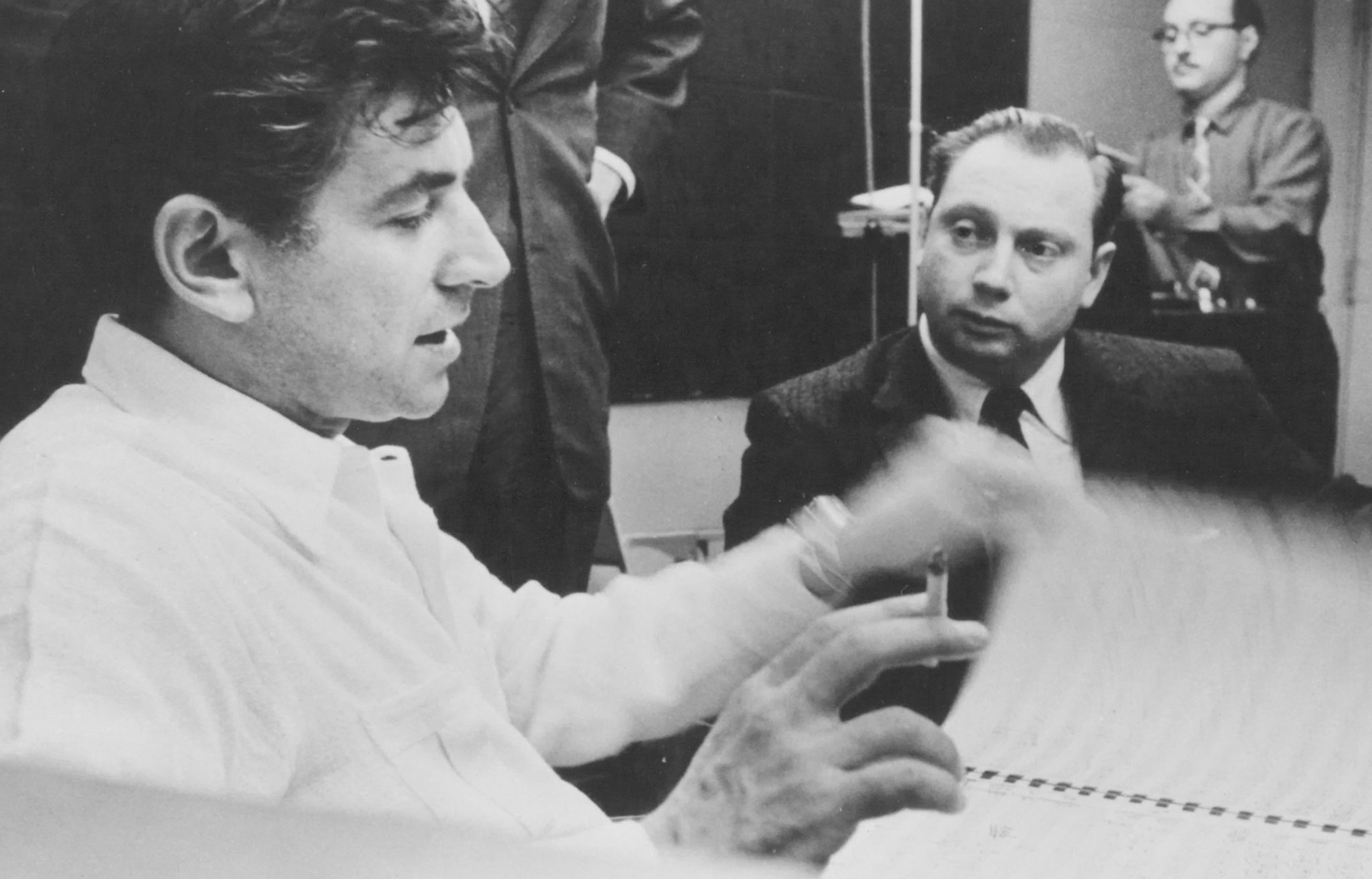 Leonard Bernstein and violinist Isaac Stern at the recording session for Bernstein's "Serenade" in 1955. (Credit: Library of Congress Music Division)