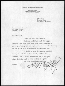 Letter from Serge Koussevitzky to Leonard Bernstein, 1940 (Library of Congress, Music Division)
