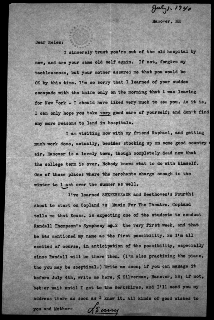 Letter from Leonard Bernstein to Helen Coates, 1940. (Library of Congress, Music Division)