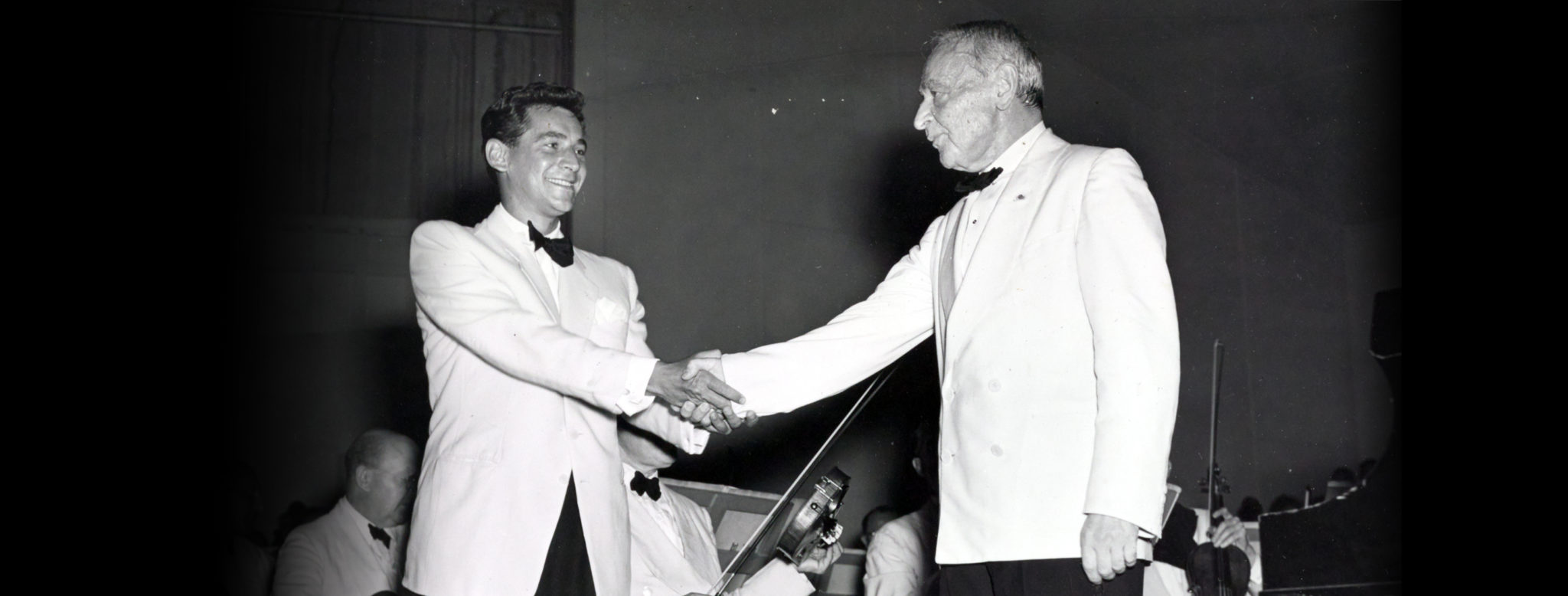 Bernstein with conductor Serge Koussevitzky after performance of The Age of Anxiety, symphony No. 2 at Tanglewood, August 11, 1949. (Credit: Howard S. Babbit, via Library of Congress, Music Division)