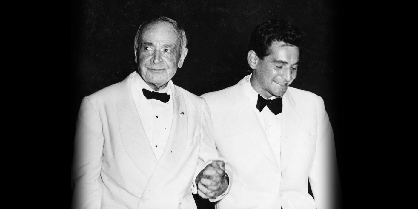 Serge Koussevitzky brings Bernstein on stage after a performance of “The Age of Anxiety” at Tanglewood, August 12, 1949. (Photo courtesy of the Boston Symphony Orchestra Archives)