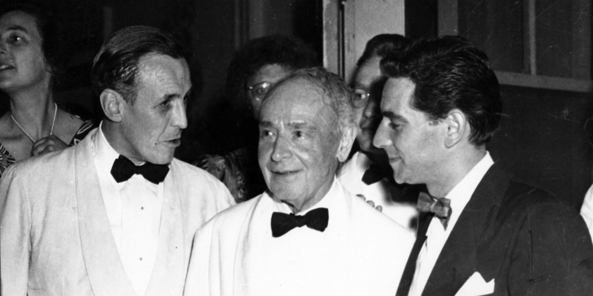Serge Koussevitzky with his conducting assistants at the TMC, Stanley Chapple (left), and Leonard Bernstein, ca. 1950. (Credit: Heinz Weissenstein, Whitestone Photo/BSO Archives)