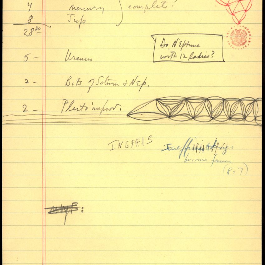 Young People's Concerts Scripts: Holst: "The Planets" [pencil on yellow legal pad paper with emendations in red & blue pencil; Outline/Notes, p 1. Courtesy: Library of Congress Music Division. https://www.loc.gov/item/lbypc.0561/