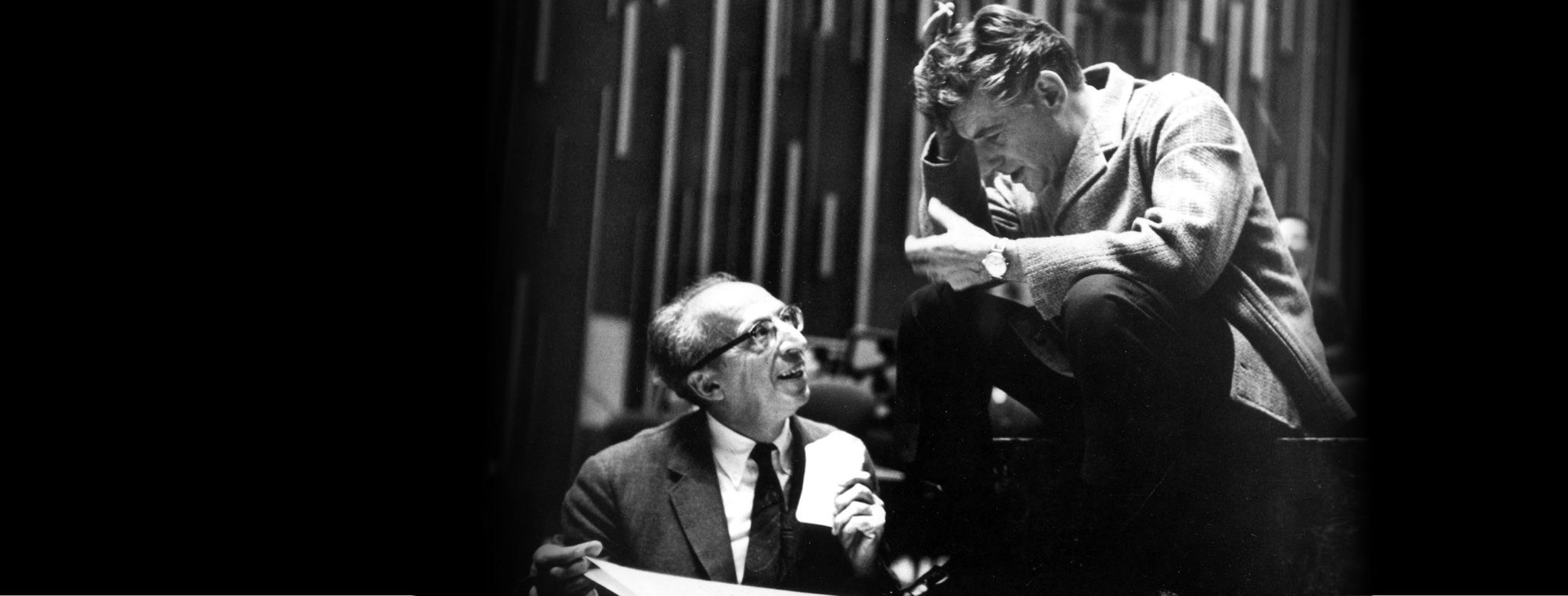 Aaron Copland and Leonard Bernstein. (Credit: Bert Bial / New York Philharmonic Leon Levy Digital Archives, courtesy: Barbara Haws)