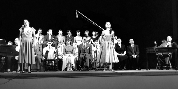 Rehearsals for the 1952 Brandeis production of "The Threepenny Opera." Lotte Lenya seated front left, Marc Blitzstein far right. (Courtesy of the Robert D. Farber University Archives &amp; Special Collections Department, Brandeis University.)