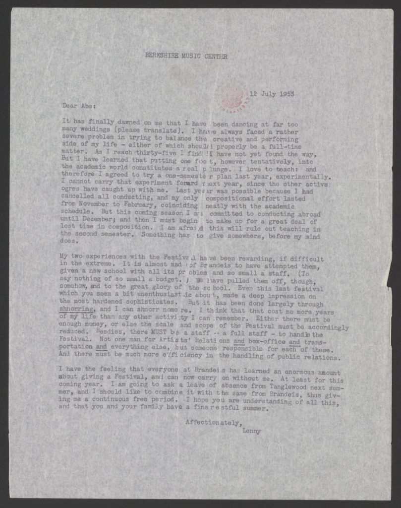 Leonard Bernstein letter to Abram Sachar, Brandeis University, July 12, 1953. (Credit: Library of Congress Music Division. Courtesy: The Leonard Bernstein Office, Inc.)