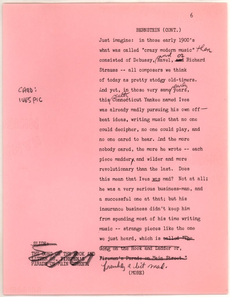 Image 8 of Young People's Concerts Scripts: Charles Ives: American Pioneer [typescript on pink paper plus 3 mimeo on pink & 2 on white, emendations in pencil] / Credit: Library of Congress Music Division