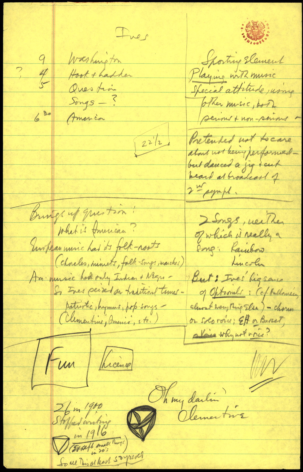 Young People's Concerts Scripts: Charles Ives: American Pioneer, pencil on yellow legal pad paper; notes (Credit: Library of Congress, Music Division)