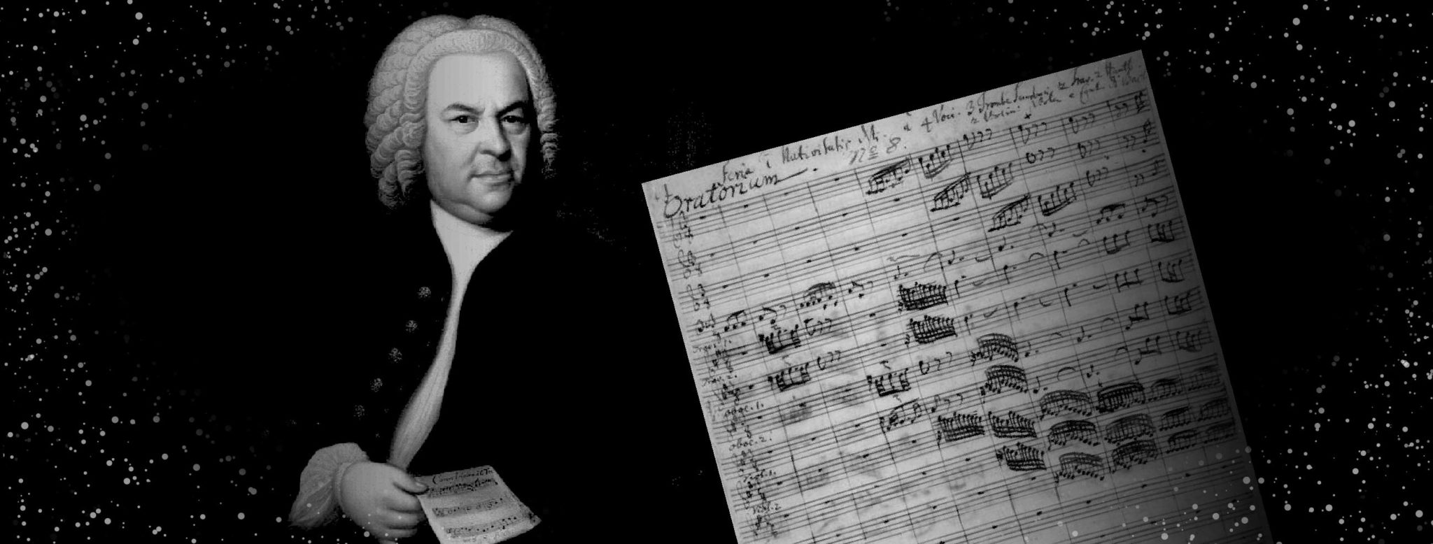 Photo of Bach Manuscript via Petrucci Music Library. Photo of Bach via Wikimedia Commons. Graphic: Classical.org.