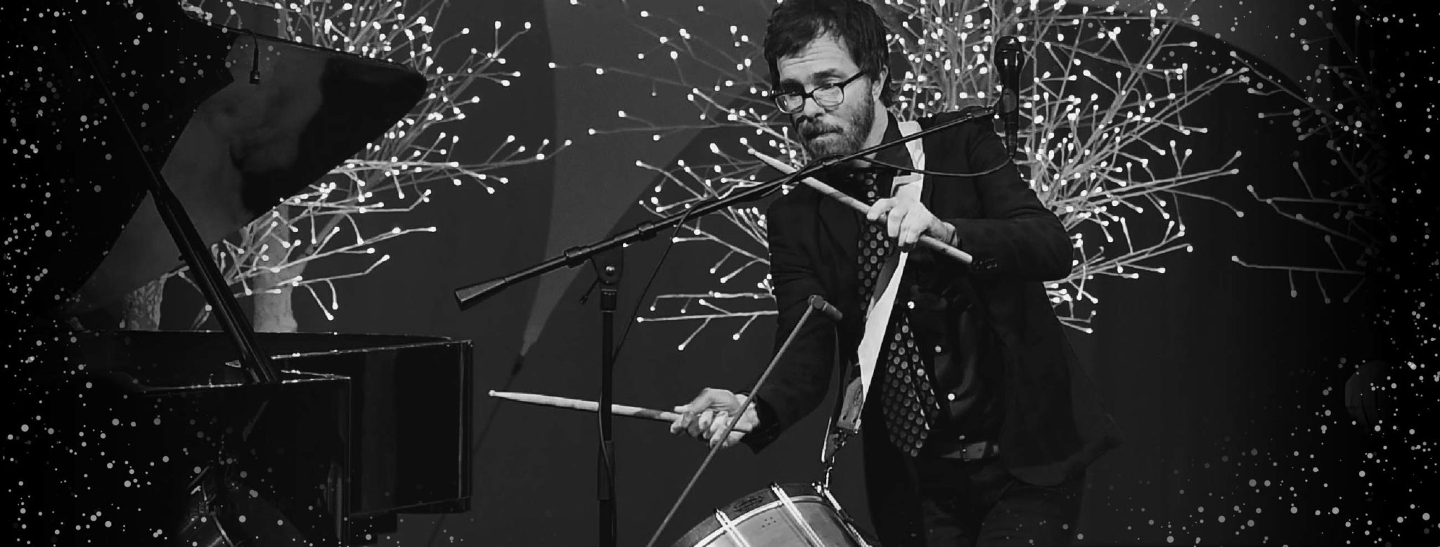 Singer-songwriter Ben Folds, host and headliner of this 2018 holiday music TV special, plays the snare drum. (Copyright: Meredith Nierman / WGBH)